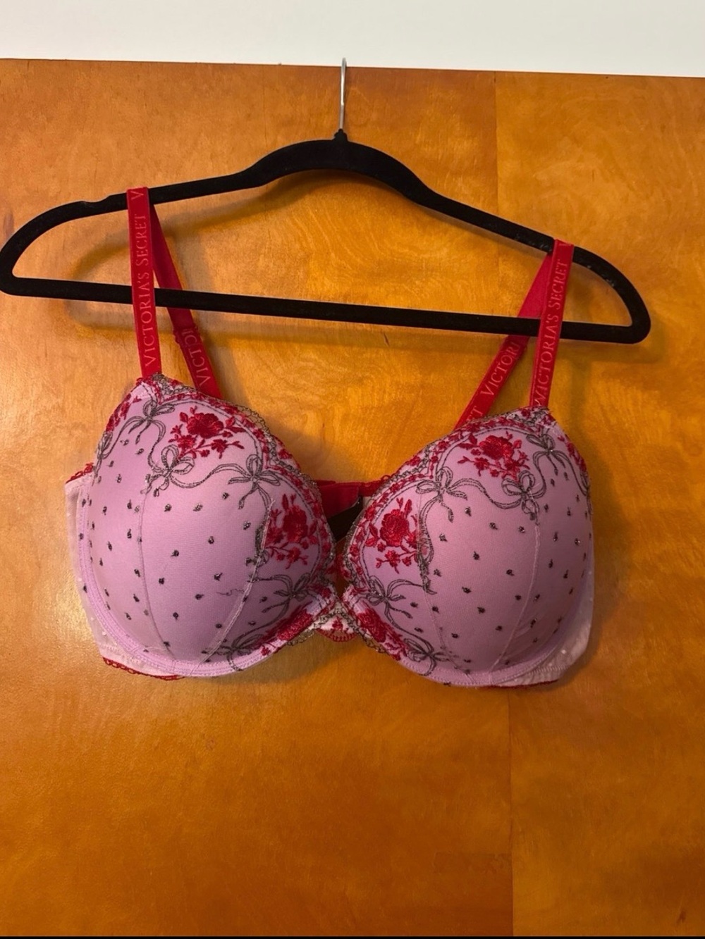 Victoria's Secret Pink Bra with Red Floral Embroidery